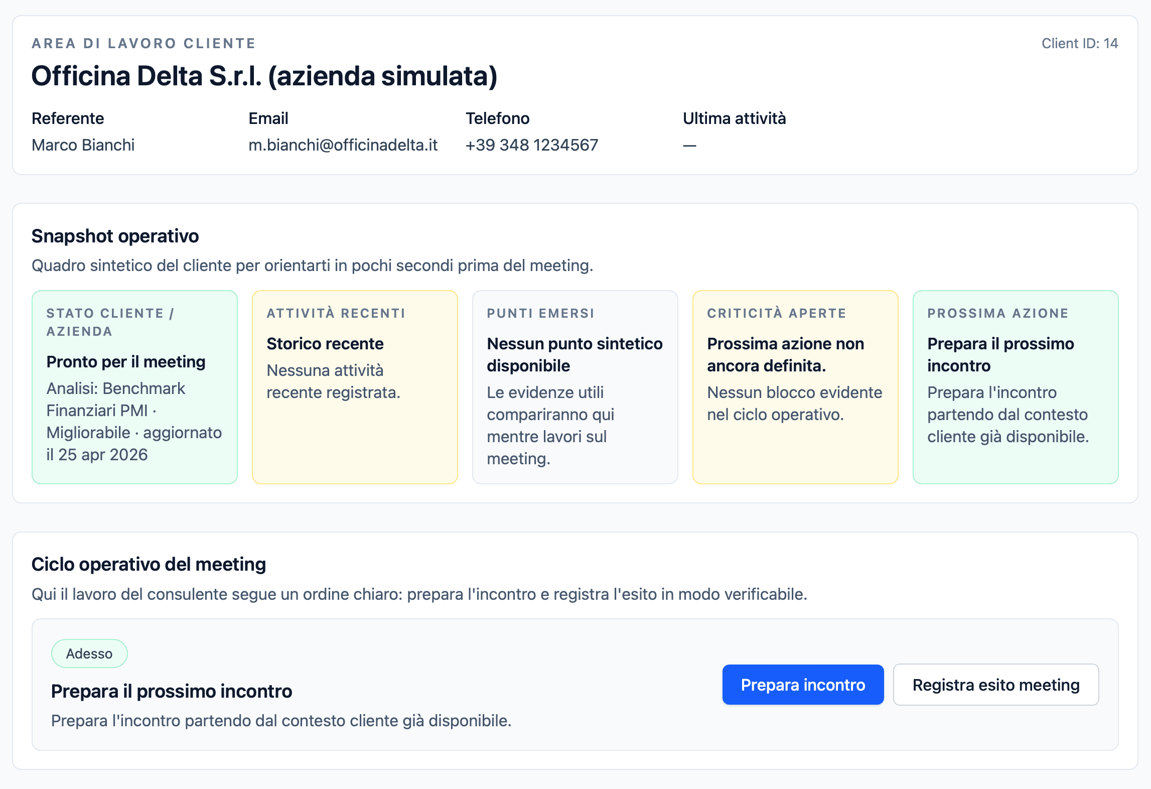 Snapshot operativo del cliente Officina Delta nel portale